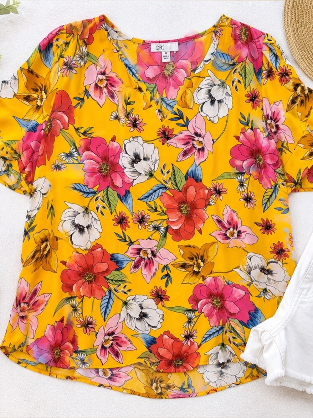 DR2 Tropical Resortwear Floral Blouse Bright Yellow Spring Flutter Sleeve D21